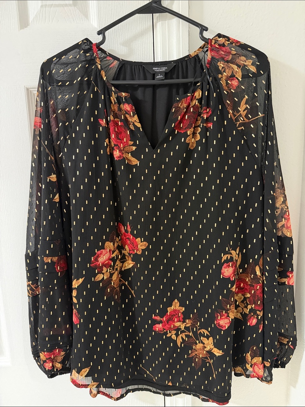 Simply Vera Vera Wang Black Blouse with Red Rose and Gold Dot Accents